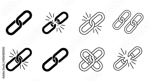 Versatile set of sleek chain link icons depicting connected, broken, and separated states for communication and security themes in digital design