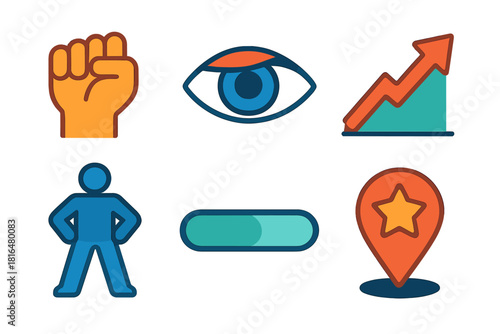 Vibrant Determination Icons. Determination Symbols flat icon set: clenched fist, focused eye, uphill arrow, sturdy stance, persistence bar, triumph marker