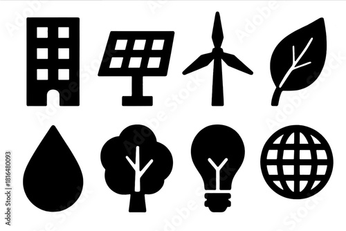 Eco Architecture Icons. Eco Architecture silhouette icon set. building, solar panel, wind turbine, leaf icon, water droplet, tree, lightbulb, globe