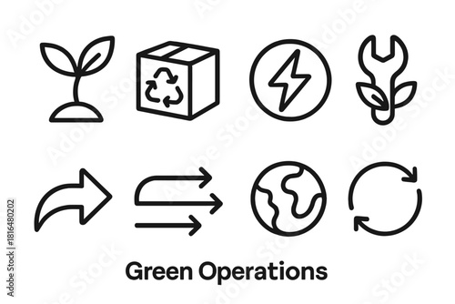 Eco-Friendly Icon Set. Green Operations linear icon set: plant sprout, recycled box, clean energy bolt, low-impact tool, green workflow arrow, sustainable flow line, earth-friendly