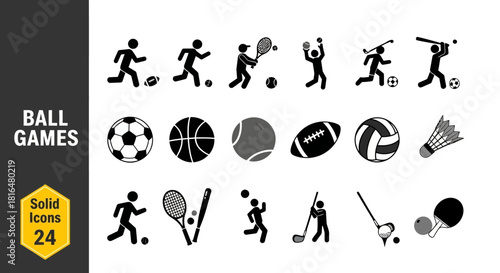 Collection of sports icons for ball games and athletic activities with various equipment and actions