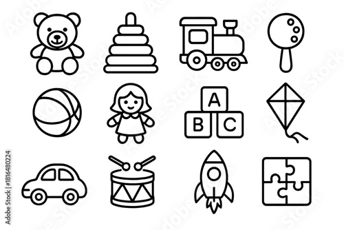 Classic Toy Icons. Children’s Toys linear icon set: teddy bear, stacking rings, toy train, rattle, ball, doll, blocks, kite, car, drum, rocket, puzzle