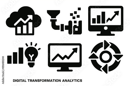 Digital Transformation Icons. Digital Transformation Analytics silhouette icon set. cloud analytics, data pipeline, visualization panel, business insights, real-time monitoring