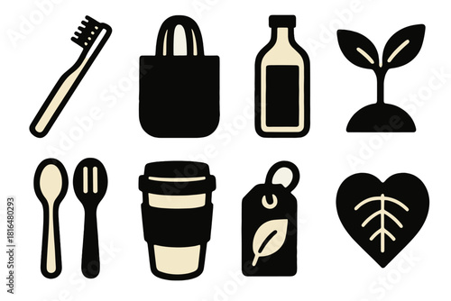 Eco Lifestyle Icons. Eco Lifestyle silhouette icon set: bamboo toothbrush, fabric bag, glass bottle, plant sprout, wooden utensil, reusable cup, eco tag, heart leaf