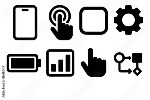 Bold Functionality Icons. Modern Functionality silhouette icon set: smartphone, touchscreen, app icon, gear, battery, chart, hand gesture, flow line