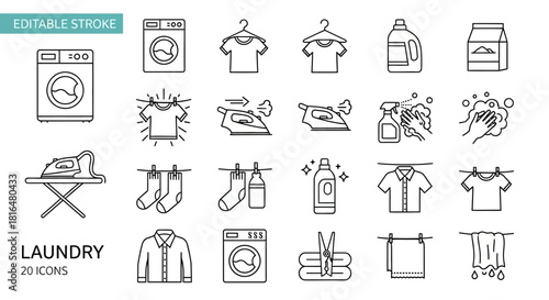 Laundry Line Icons Clothes Washing and Ironing Vector Set