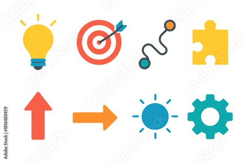 Strategy Icons Collection. Team Strategy Development Essentials flat icon set: lightbulb, target board, roadmap line, puzzle piece, upward arrow, flow arrow, clarity circle, gear