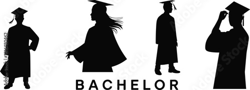 Bachelor degree student silhouette set, young women and men in cap and gown celebrating academic achievement vector.