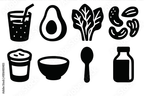 Bold Nutrition Icons. Wellness Nutrition Collection silhouette icon set. smoothie, avocado, leafy greens, nuts, yogurt, bowl, spoon, bottle.