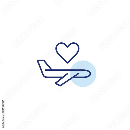 Plane flying and heart. Love for travel, customer preferred airlines and romantic getaway. Pixel perfect, editable stroke vector icon