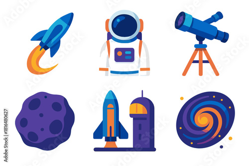 Space Exploration Icons. Future Exploration flat icon set: jet stream, spacesuit, telescope, asteroid, spaceport, galaxy swirl