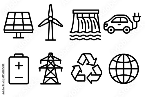 Renewable Energy Icons. Renewable Energy Shift linear icon set: solar panels, wind turbine, hydro dam, electric car, battery, power lines, recycling symbol, earth globe
