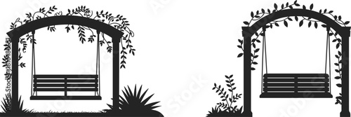 Romantic garden swing silhouette, set of two hanging benches under arched wooden arbors covered with climbing vines.