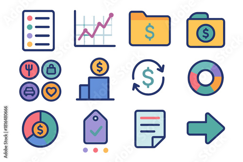 Modern Financial Icons. Financial Tracking flat icon set: transaction list, line graph, money folder, cost categories, savings bar, recurring payment icon, budget wheel, planned
