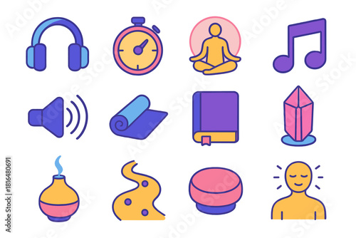 Meditation Icon Set. Guided meditation flat icons set. headphones, timer, calm pose, music note, voice icon, mat, journal, crystal, aroma diffuser, light path, cushion, peaceful