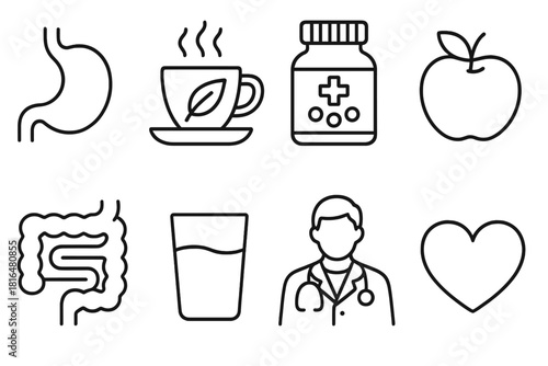 Digestive Health Icons. Digestive health concept linear icon set: stomach symbol, herbal tea cup, probiotics bottle, apple, gut icon, water glass, doctor figure, heart