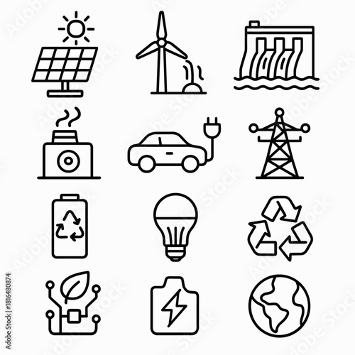 Sustainable Tech Icons. Sustainable Technology Innovations linear icon set. solar panel array, wind turbine, hydroelectric dam, geothermal plant, electric car, charging station