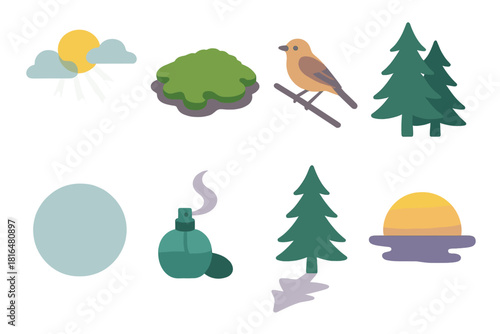 Morning Forest Icons. Morning Forest Stillness flat icons set. misty light, damp moss, single bird, pine silhouettes, cool air, forest scent, soft shadows, glowing horizon