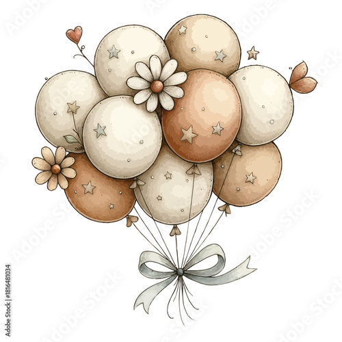 Cute Watercolor Neutral Tone Balloons with Daisy Flowers and Stars Vector Illustration
