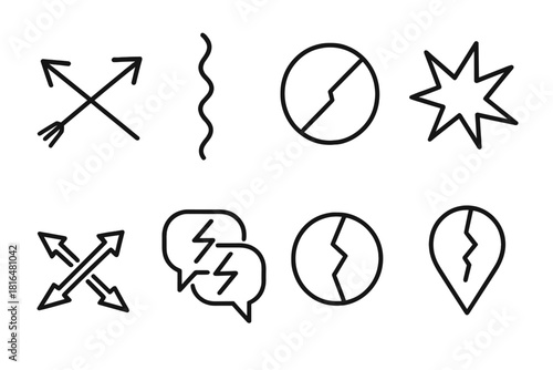 Conflict Icons Set. General Conflict linear icon set: crossed arrows, tension line, split circle, clash spark, opposing forces icon, debate bubbles, fractured shape, conflict