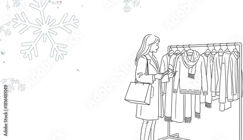 Woman shopping for winter clothes with snowflakes in background line drawing