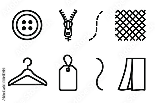 Fashion Icon Details. Fashion Details linear icon set: button, zipper, stitch line, fabric texture, hanger, clothing tag, seam curve, pleat fold