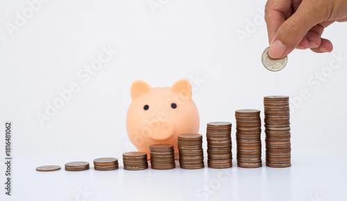 money saving concept. business man han dropped coin on piggy bank with coin stack on white background. money matters tips to investment and business financial banking for Financial Wellness.