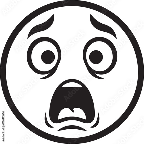 Scared emoji face illustration with wide eyes and open mouth expressing fear, shock, or panic in a simple outline graphic design