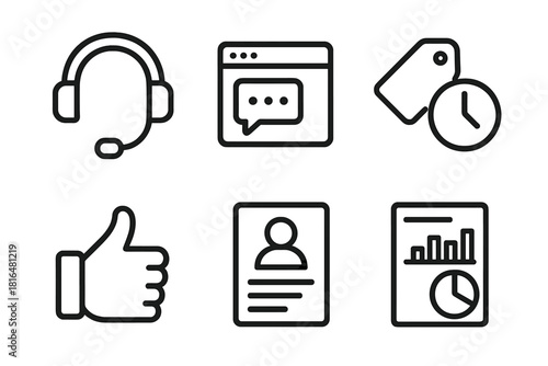 Customer Support Icons. Service Feedback linear icon set. headset icon, chat window, support ticket, response time clock, thumbs up icon, report sheet.