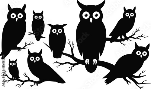 Black owl silhouette set, seven different owls perched on branches, with large white eyes, vector collection.