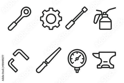 Labor Day Tools. Labor Day mechanical tools linear icon set: socket wrench, gear icon, torque bar, oil can, hex key, metal file, gauge dial, workbench piece