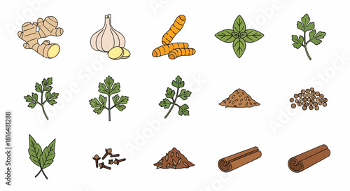An illustrative collection of aromatic kitchen spices and fresh herbs, including ginger, garlic, turmeric, basil, and cinnamon, perfect for cooking, flavor, and wellness