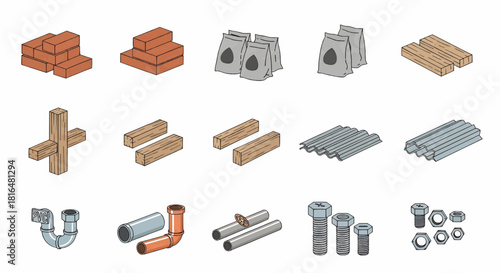 Construction Materials Icons Bricks, Wood, Pipes, and Fasteners in a Vector Illustration Set