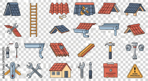 Collection of construction tools and roofing materials icons in a grid layout