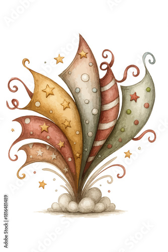 Festive Watercolor Party Cracker Explosion with Stars and Swirls Vector Illustration
