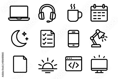 Freelance Overtime Icons. Freelance Overtime linear icon set: laptop, headphone, coffee cup, calendar, moon, checklist, smartphone, desk lamp, paper sheet, sunrise, coding window