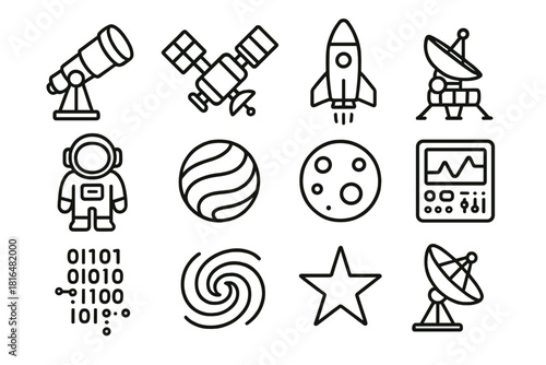 Space Exploration Icons. Deep Space Research linear icon set. telescope, satellite, rocket, space probe, astronaut, planet, moon, control panel, data stream, galaxy, star, antenna
