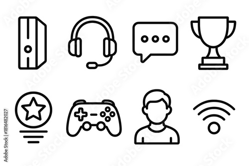 Gaming Icons Collection. Online Gaming Set linear icon set. console, headset, chat bubble, trophy, ranking star, controller, avatar, wifi signal.