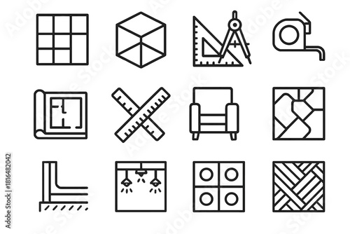 Architectural Planning Icons. Spatial planning linear icon set: layout grid, 3D model, drafting tools, sketchbook, ruler, measuring tape, wall section, furniture icon, zoning
