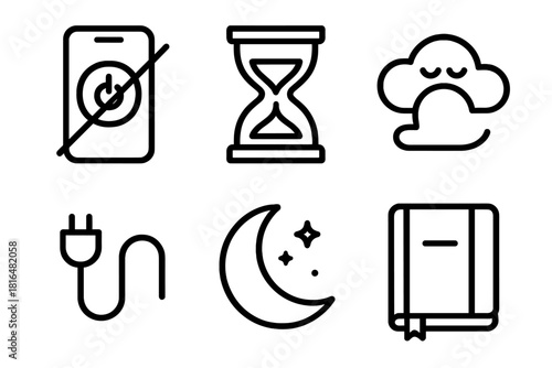 Digital Detox Icons. Digital Detox linear icon set. phone off icon, hourglass, peaceful cloud, unplugged cable, moonlight, journal