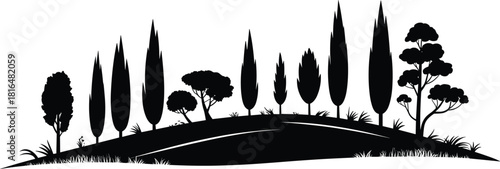 Tuscan landscape silhouette, rolling hill with cypress trees and diverse vegetation in a minimalist natural design.