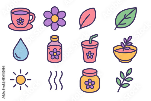Floral Beverage Icons. Floral Wellness Drinks flat icons set. cup, flower, petal, leaf, droplet, bottle, straw, bowl, herbal twig, sun, fragrance line, jar