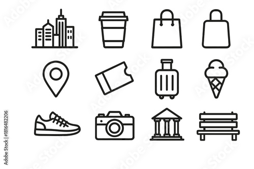 City Icons Mosaic. City Break linear icon set. skyline, coffee cup, shopping bag, map pin, metro ticket, suitcase, sneakers, camera, ice cream cone, taxi, museum, park bench