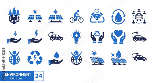 Modern environmental icons depicting sustainability, renewable energy, clean transport, and ecological awareness in a sleek, solid blue design