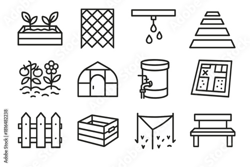 Blackline Garden Diagram. Garden design linear icon set: raised bed, trellis, irrigation system, pathway, companion plants, greenhouse, rain barrel, garden map, fence, crate, shade