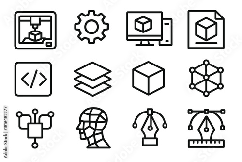 Digital Fabrication Icons. Digital Fabrication linear icon set. 3D printer, gear, computer, blueprint, code symbol, layer, cube, structure, circuit, model, ruler, pen tool