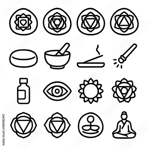 Chakra Healing Icons. Chakra Energy Healing Set linear icon set. root chakra stone, sacral chakra stone, solar plexus stone, heart chakra stone, throat chakra stone, third eye