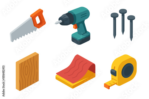Modern Workshop Icons. Workshop Crafting flat icons set. saw, drill, nails, tape measure, wood panel, sandpaper