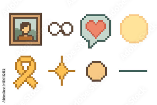 Pixel Art Memory Icons. Memory Capture pixel style icon set: photo frame, keepsake symbol, heart moment bubble, soft glow, memory ribbon, nostalgia spark, treasured dot, reflection