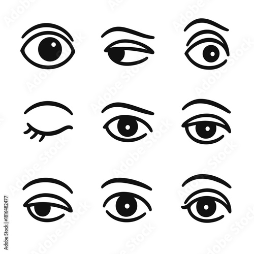 Diverse Eye Expressions. Gaze & Expression Set linear icon set: wide-open eye, side glance, squint shape, surprised eye, calm eyelid, focused stare, soft gaze, raised brow